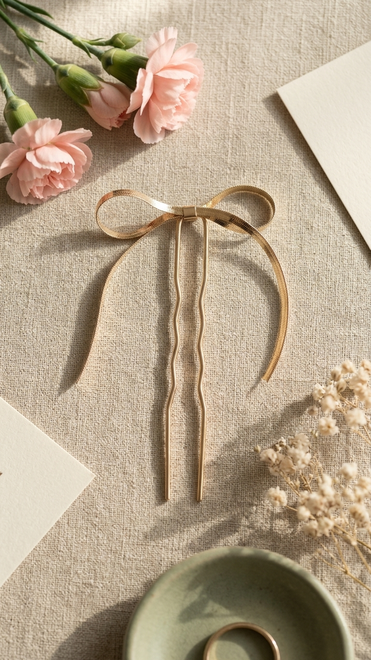 Gold hair clip with a bow on a textured surface with flowers and a ceramic dish.