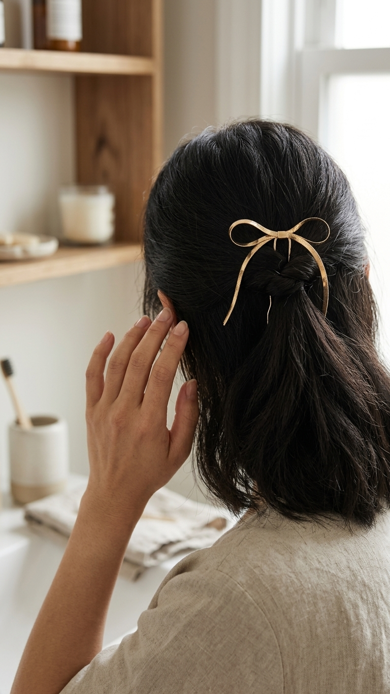 Person with a ponytail held back by a gold hair tie, sitting in a bright room.