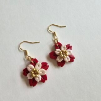 Handcrafted crimson and pearl white polymer clay floral drop earrings with gold plated 925 silver hooks