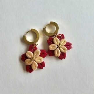 Handcrafted crimson and pearl polymer clay floral drop earrings with gold plated stainless steel huggie hoops