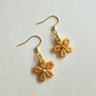 Handcrafted golden beige polymer clay floral drop earrings with gold plated 925 silver hooks