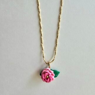 Gold plated 925 silver necklace with a petite handmade pink polymer clay rose and green leaf detail
